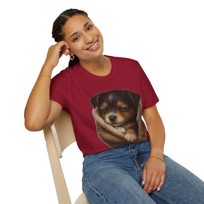 Person wearing a red t-shirt with a dog graphic on a white background