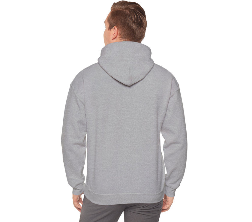 Person wearing a gray hoodie on a white background