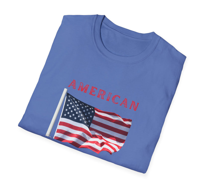 Folded T-shirt  featuring an American flag graphic with the words 'AMERICAN DREAM' in red and blue text above and below the flag