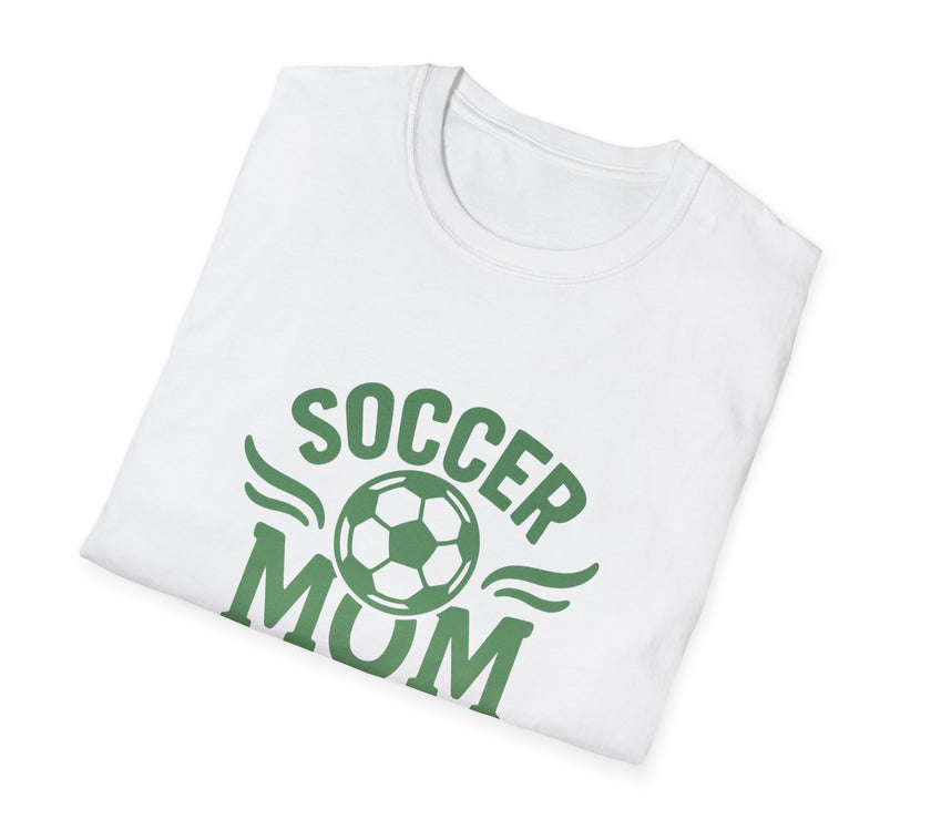 White t-shirt with 'Soccer Mum' text and soccer ball graphic on a white background
