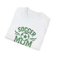 White t-shirt with 'Soccer Mum' text and soccer ball graphic on a white background
