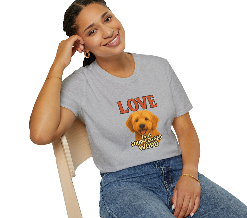Person wearing a gray t-shirt with a dog graphic and text, sitting on a chair.