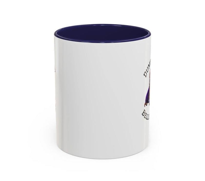 Two tone ceramic mug featuring a dachshund next to dumbbells and the humorous text 'Dumbbells? Belly Rubs?', designed for dog lovers and fitness enthusiasts.