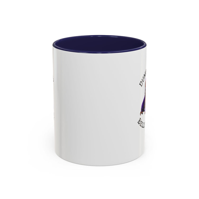 Two tone ceramic mug featuring a dachshund next to dumbbells and the humorous text 'Dumbbells? Belly Rubs?', designed for dog lovers and fitness enthusiasts.