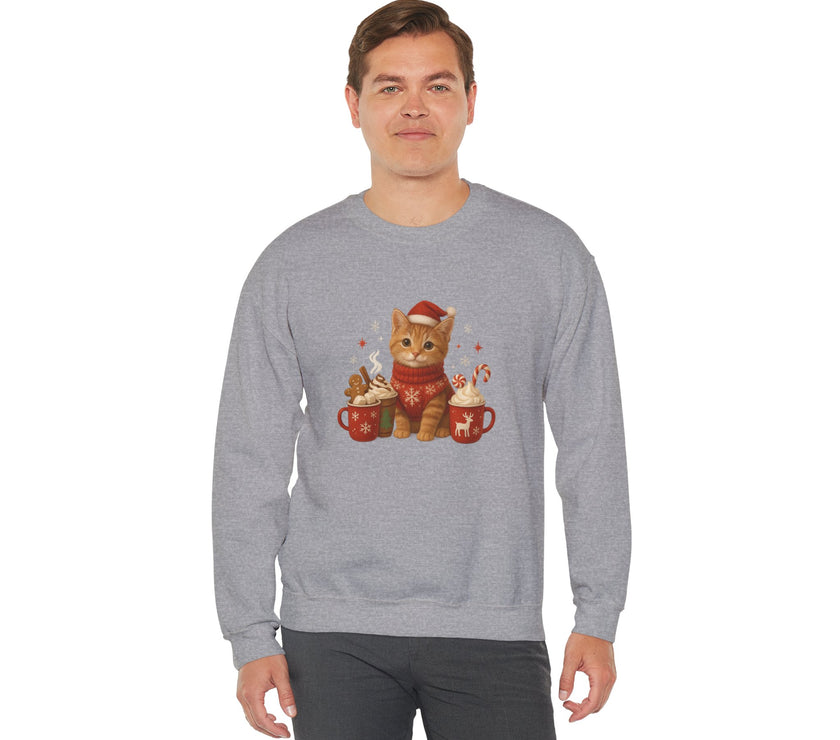 Person wearing a gray sweatshirt with a Christmas-themed cat design on a white background
