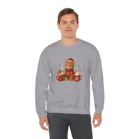 Person wearing a gray sweatshirt with a Christmas-themed cat design on a white background