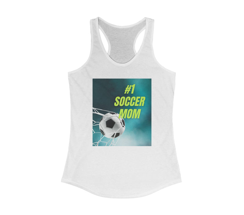 White tank top with '#1 Soccer Mom' graphic on a white background