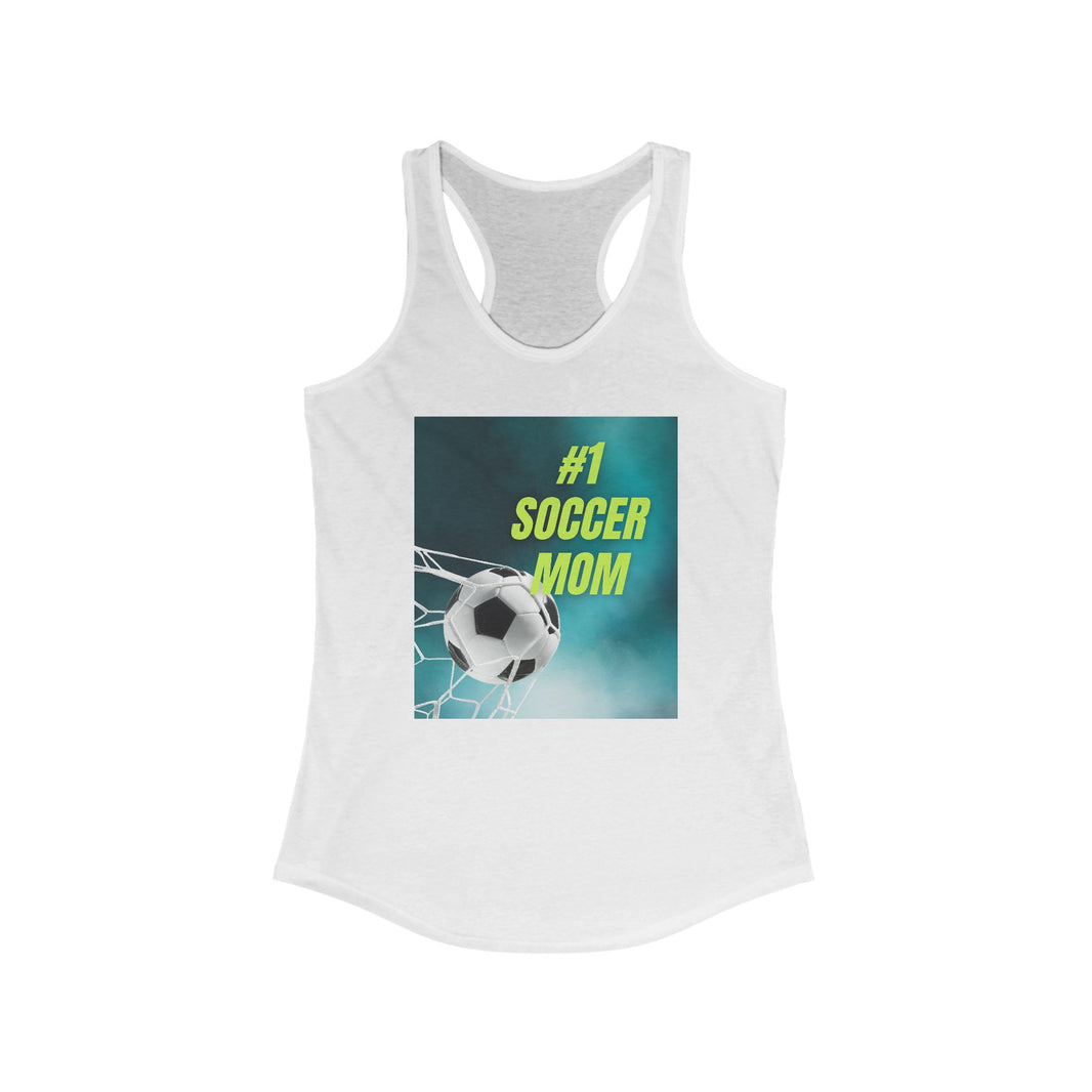 White tank top with '#1 Soccer Mom' graphic on a white background