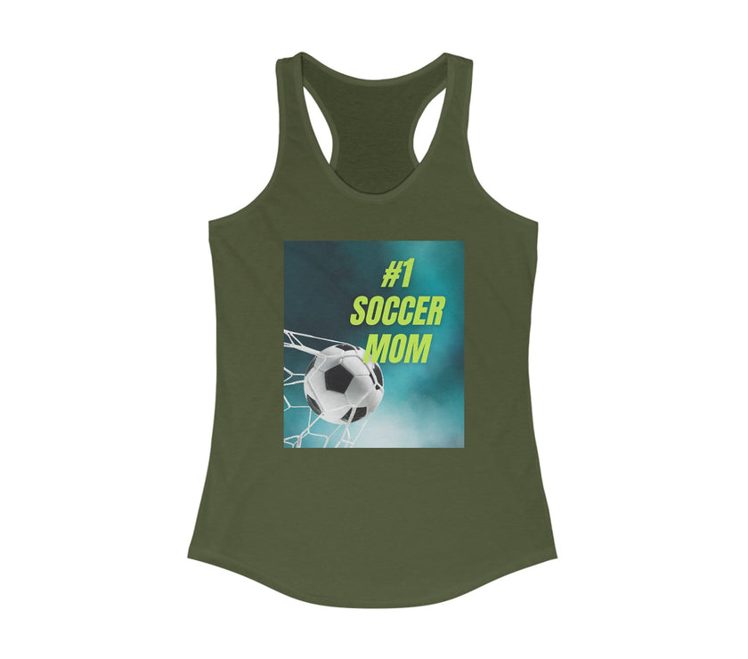 Green tank top with '#1 Soccer Mom' graphic on a white background