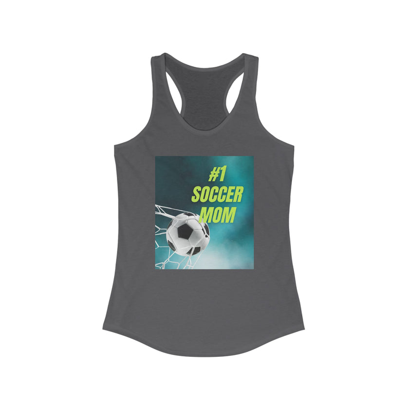 Gray tank top with '#1 Soccer Mom' graphic on a white background