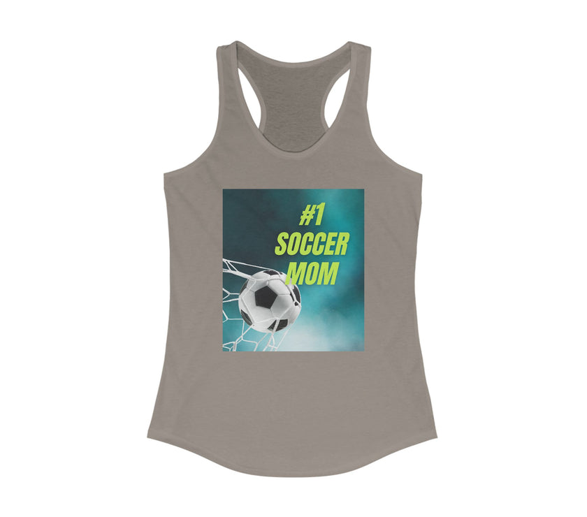 Gray tank top with '#1 Soccer Mom' graphic on a white background