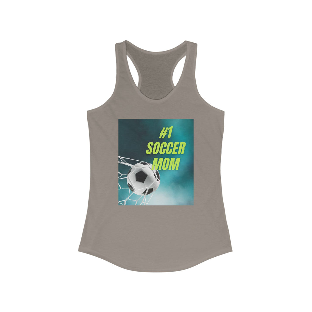 Gray tank top with '#1 Soccer Mom' graphic on a white background