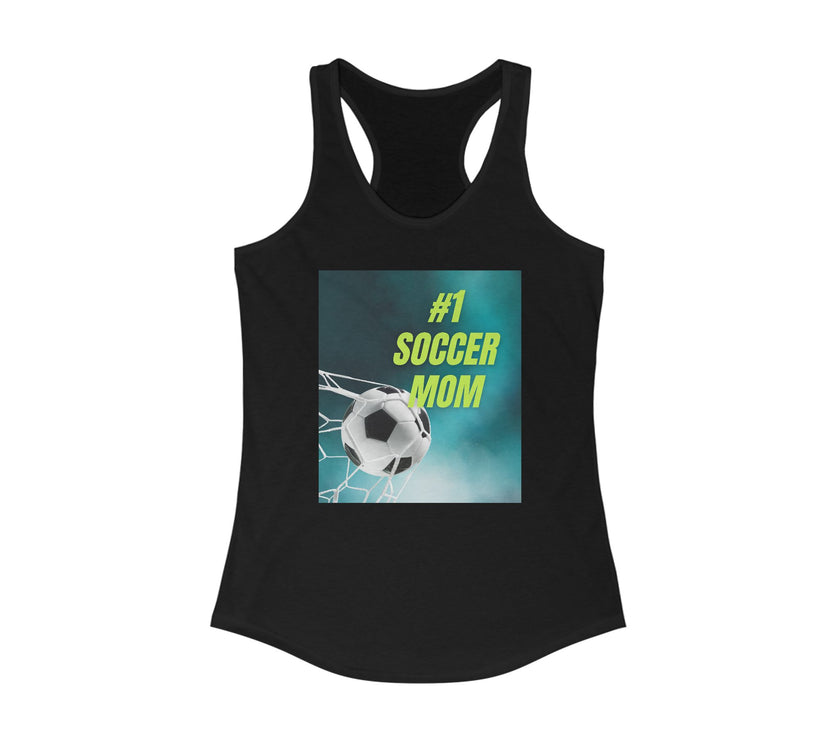 Black tank top with '#1 Soccer Mom' graphic on a white background