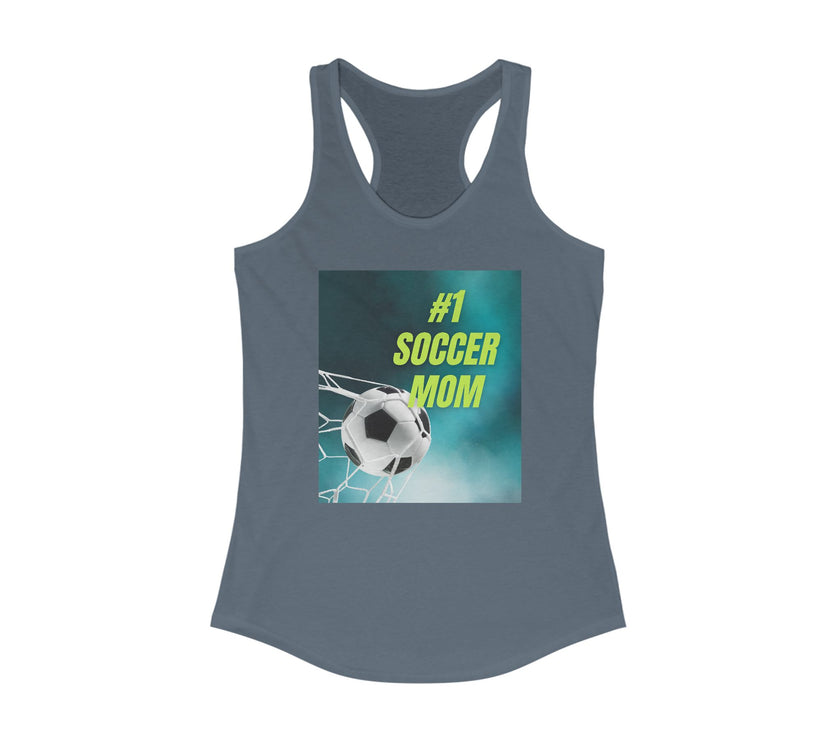 Indigo tank top with '#1 Soccer Mom' graphic on a white background