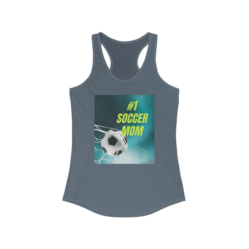 Indigo tank top with '#1 Soccer Mom' graphic on a white background