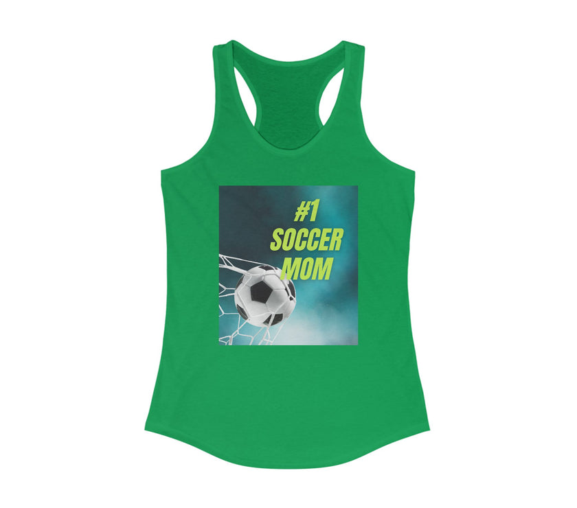Kelly Green tank top with '#1 Soccer Mom' graphic on a white background