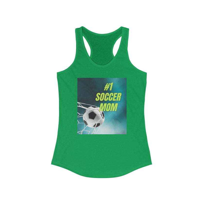 Kelly Green tank top with '#1 Soccer Mom' graphic on a white background