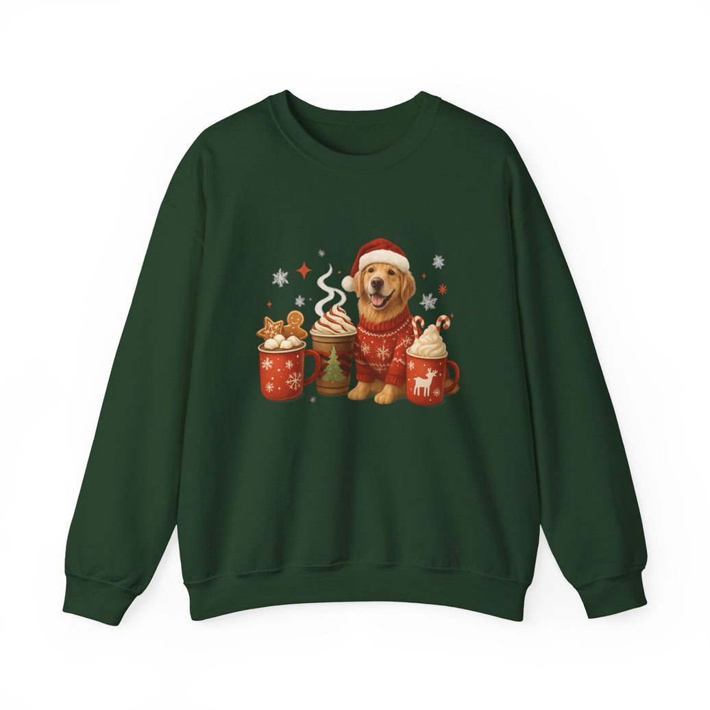 Green sweatshirt with a festive design of a dog, hot chocolate, and cookies on a white background