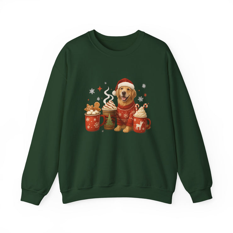 Green sweatshirt with a festive design of a dog, hot chocolate, and cookies on a white background