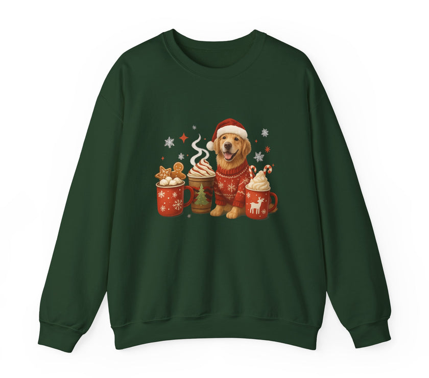 Green sweatshirt with a festive design of a dog, hot chocolate, and cookies on a white background