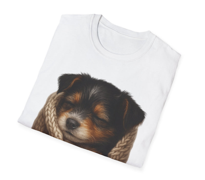White t-shirt with a printed design of a puppy on a white background