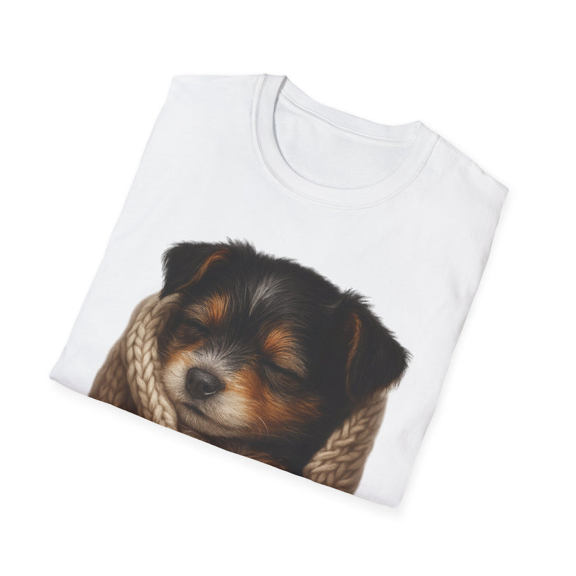 White t-shirt with a printed design of a puppy on a white background
