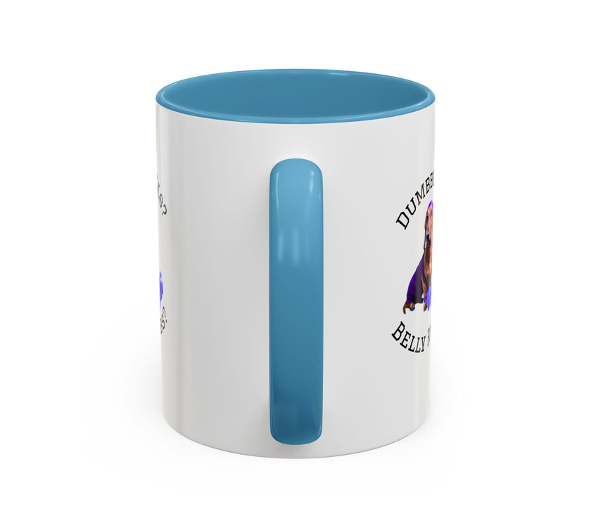 Two tone ceramic mug featuring a dachshund next to dumbbells and the humorous text 'Dumbbells? Belly Rubs?', designed for dog lovers and fitness enthusiasts.