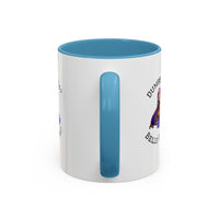 Two tone ceramic mug featuring a dachshund next to dumbbells and the humorous text 'Dumbbells? Belly Rubs?', designed for dog lovers and fitness enthusiasts.