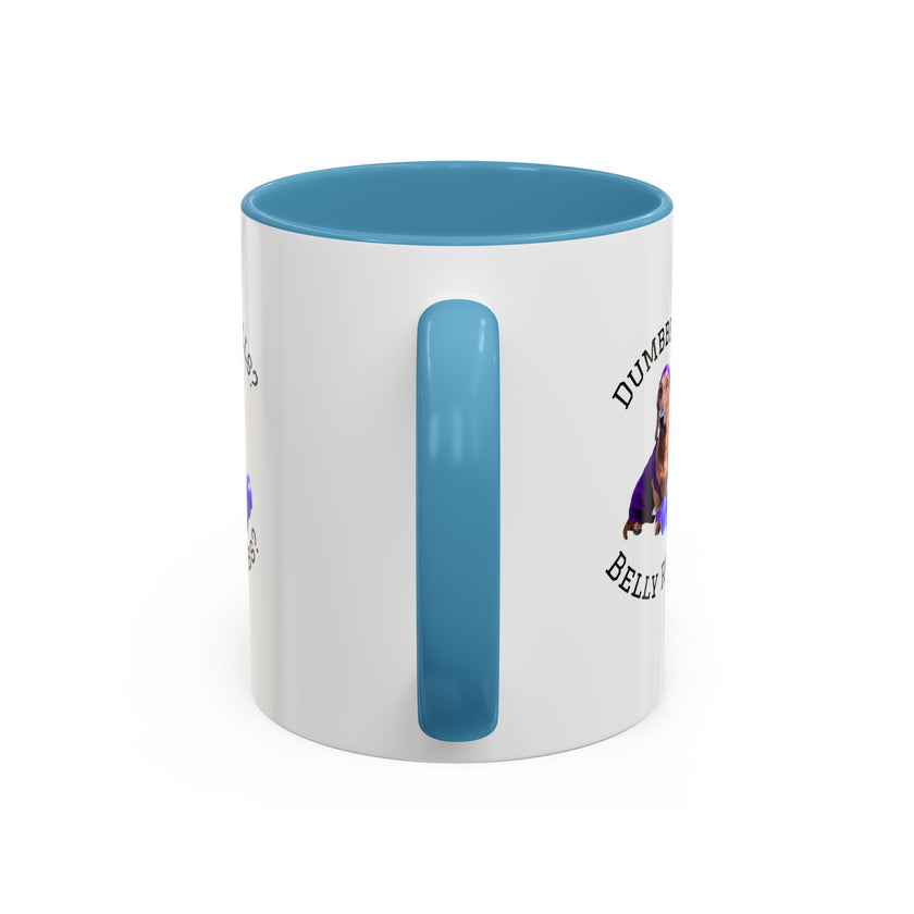 Two tone ceramic mug featuring a dachshund next to dumbbells and the humorous text 'Dumbbells? Belly Rubs?', designed for dog lovers and fitness enthusiasts.