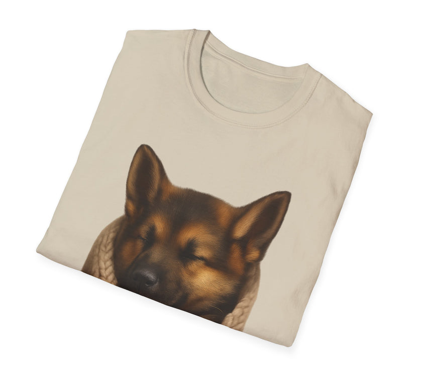 Folded beige t-shirt with a dog graphic on a white background