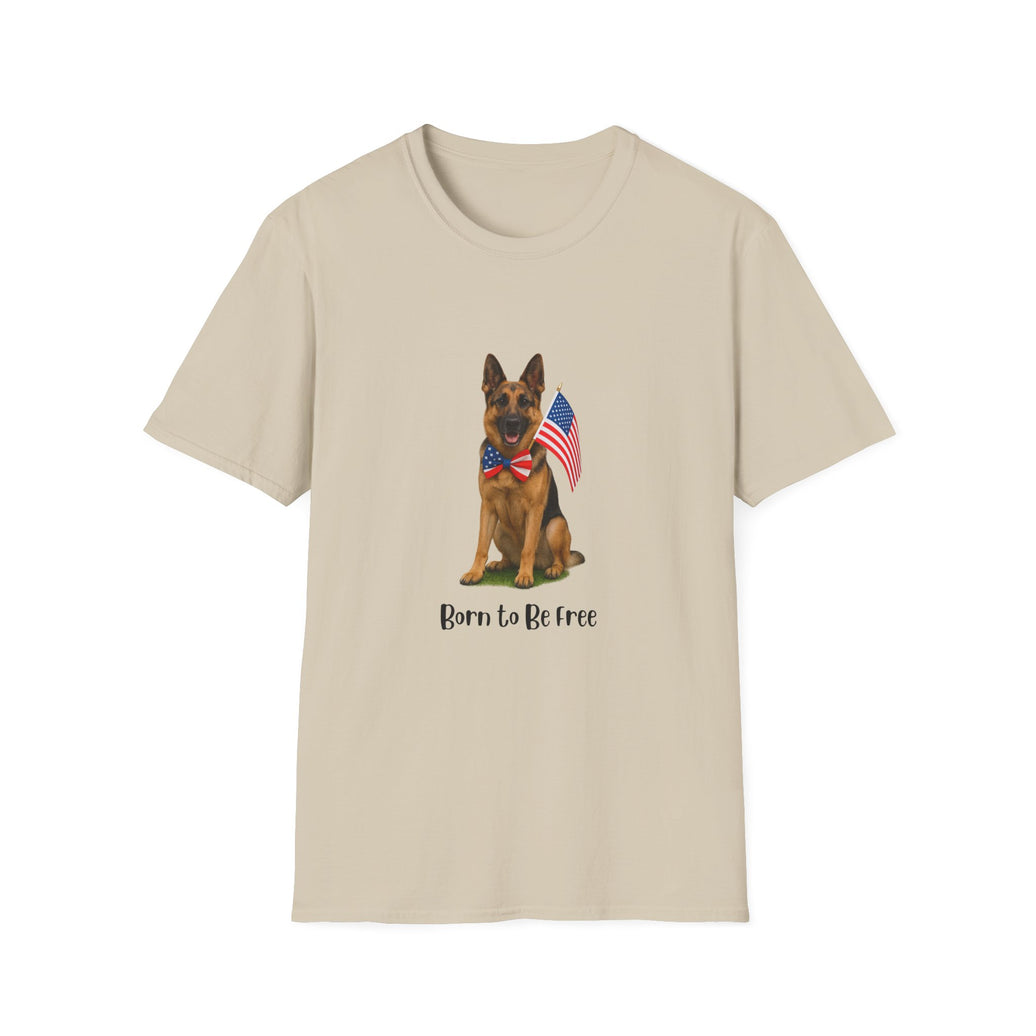 Beige t-shirt featuring a patriotic German Shepherd wearing an American flag bowtie and holding U.S. flags, with the phrase "Born to Be Free" printed below — perfect for dog lovers and patriotic Americans.