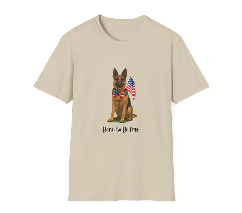 Beige t-shirt featuring a patriotic German Shepherd wearing an American flag bowtie and holding U.S. flags, with the phrase "Born to Be Free" printed below — perfect for dog lovers and patriotic Americans.