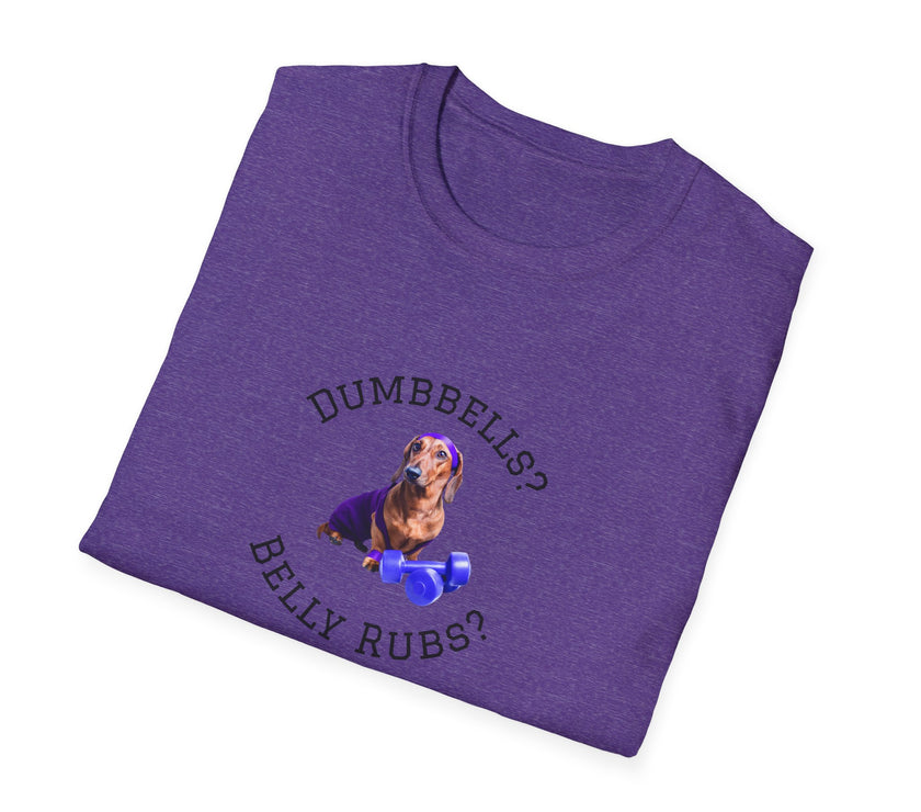 Heather Purple adult T-shirt with a printed image of a dog and the humorous text 'Dumbbells? Belly Rubs?', designed for dog lovers and fitness enthusiasts.  Folded