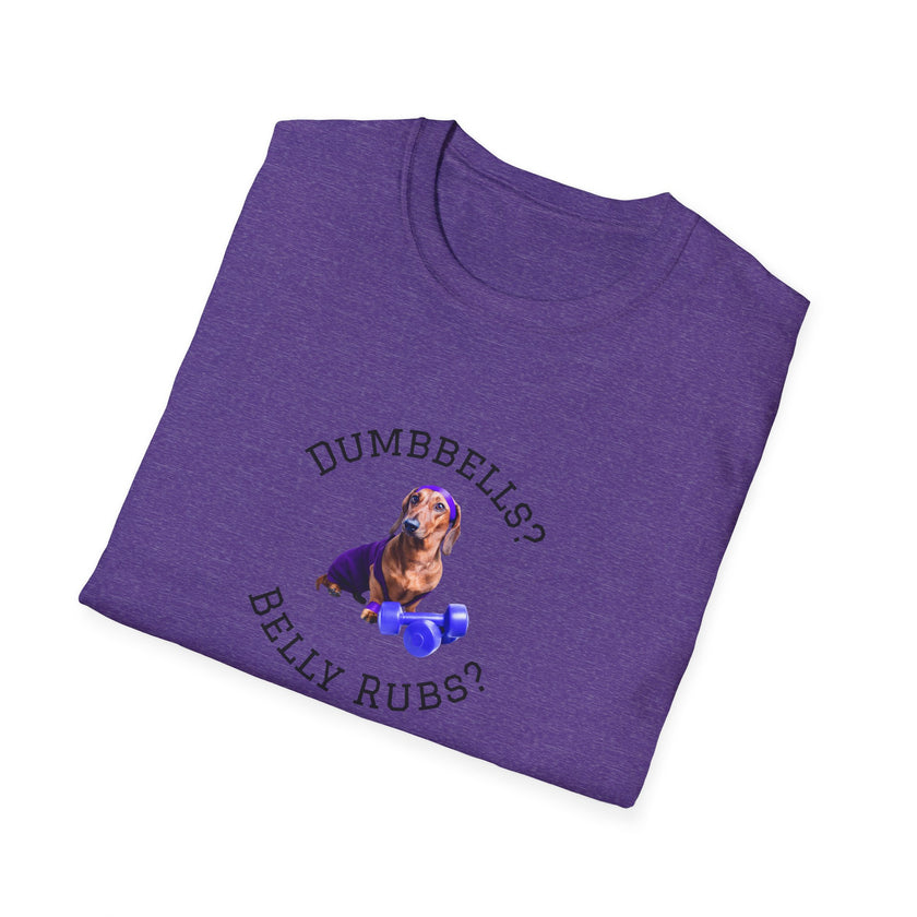 Heather Purple adult T-shirt with a printed image of a dog and the humorous text 'Dumbbells? Belly Rubs?', designed for dog lovers and fitness enthusiasts.  Folded