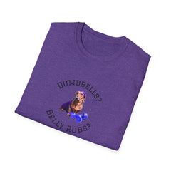 Heather Purple adult T-shirt with a printed image of a dog and the humorous text 'Dumbbells? Belly Rubs?', designed for dog lovers and fitness enthusiasts.  Folded