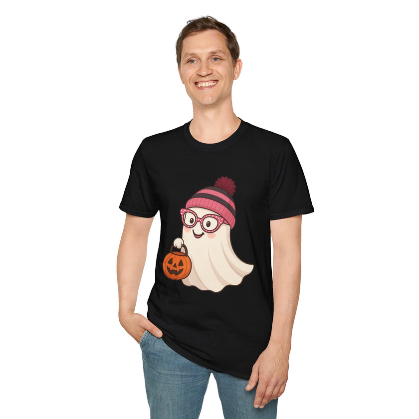 Person wearing a black t-shirt with a Halloween-themed design on a white background