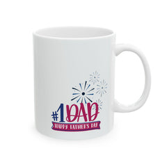 White ceramic mug with colorful #1 Dad and Happy Father’s Day message, accented with fireworks graphics, perfect for celebrating dads.