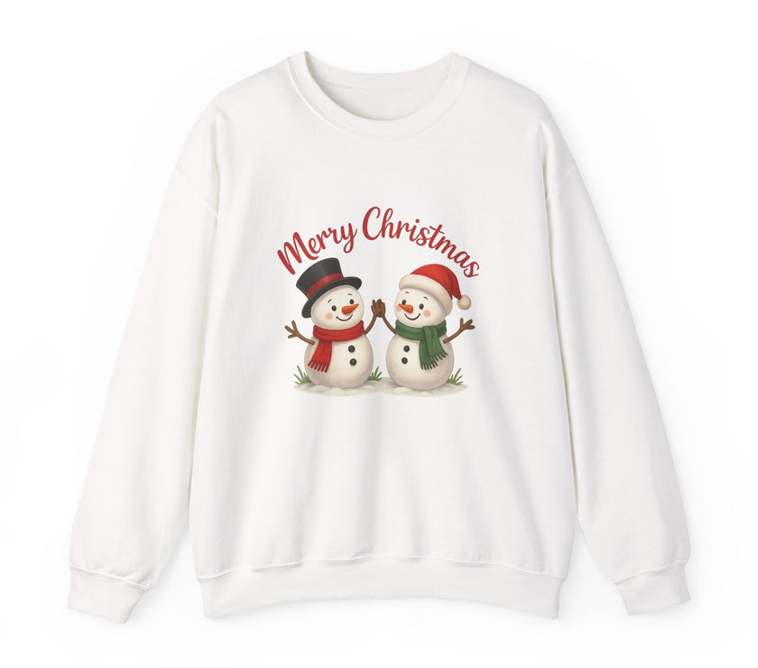 White sweatshirt with Christmas-themed design featuring two snowmen and 'Merry Christmas' text on a white background.