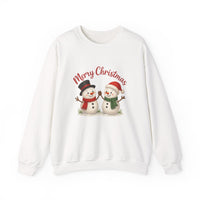 White sweatshirt with Christmas-themed design featuring two snowmen and 'Merry Christmas' text on a white background.