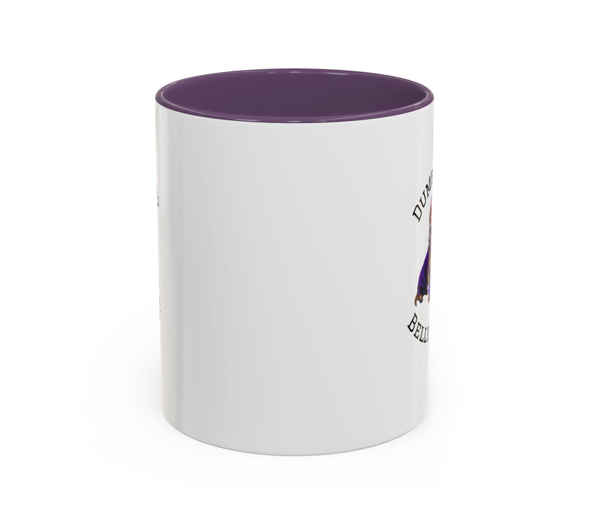 Two tone ceramic mug featuring a dachshund next to dumbbells and the humorous text 'Dumbbells? Belly Rubs?', designed for dog lovers and fitness enthusiasts.