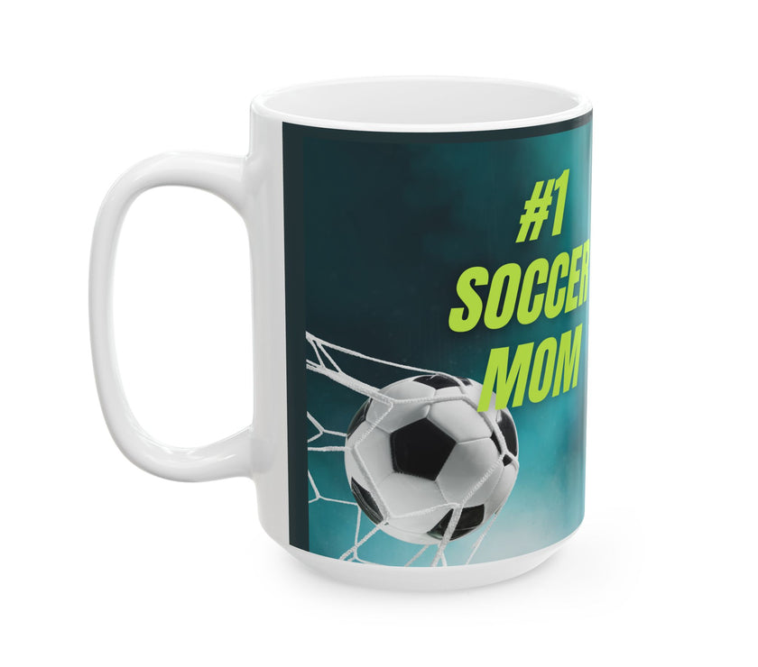 Mug with '#1 Soccer Mom' text and soccer ball design on a teal background