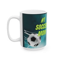 Mug with '#1 Soccer Mom' text and soccer ball design on a teal background