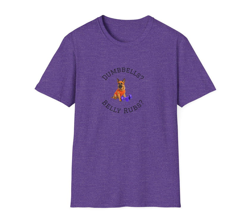 Purple t-shirt with a dog graphic and text on a white background