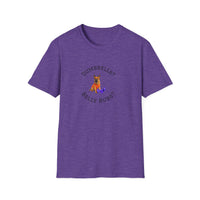 Purple t-shirt with a dog graphic and text on a white background