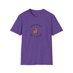 Purple t-shirt with a dog graphic and text on a white background