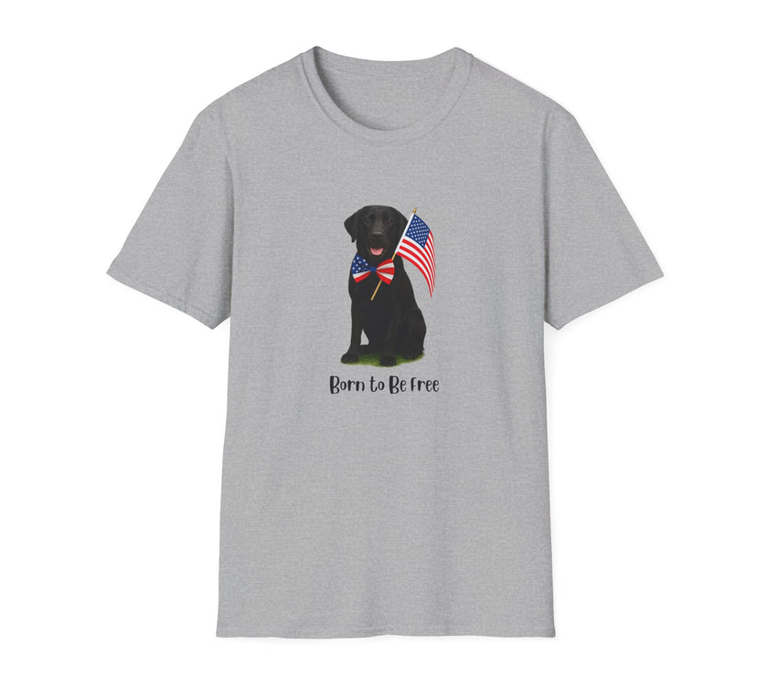 Sport Grrey t-shirt featuring a patriotic Black Lab wearing an American flag bowtie and holding U.S. flags, with the Black Lab phrase "Born to Be Free" printed below — perfect for dog lovers and patriotic Americans.