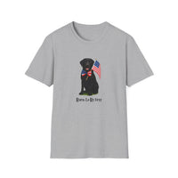 Sport Grrey t-shirt featuring a patriotic Black Lab wearing an American flag bowtie and holding U.S. flags, with the Black Lab phrase "Born to Be Free" printed below — perfect for dog lovers and patriotic Americans.