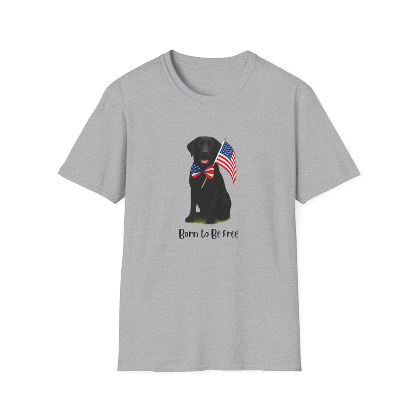 Sport Grrey t-shirt featuring a patriotic Black Lab wearing an American flag bowtie and holding U.S. flags, with the Black Lab phrase "Born to Be Free" printed below — perfect for dog lovers and patriotic Americans.