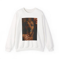 White sweatshirt with a graphic of a dog and person on a white background