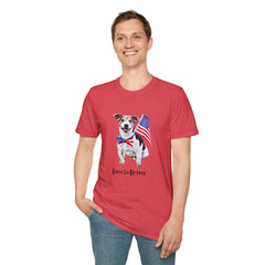 Male wearing T-shirt featuring a cute golden doodle puppy wearing an American flag bow tie and holding a small U.S. flag, with the phrase 'Born to Be Free' printed below the image.